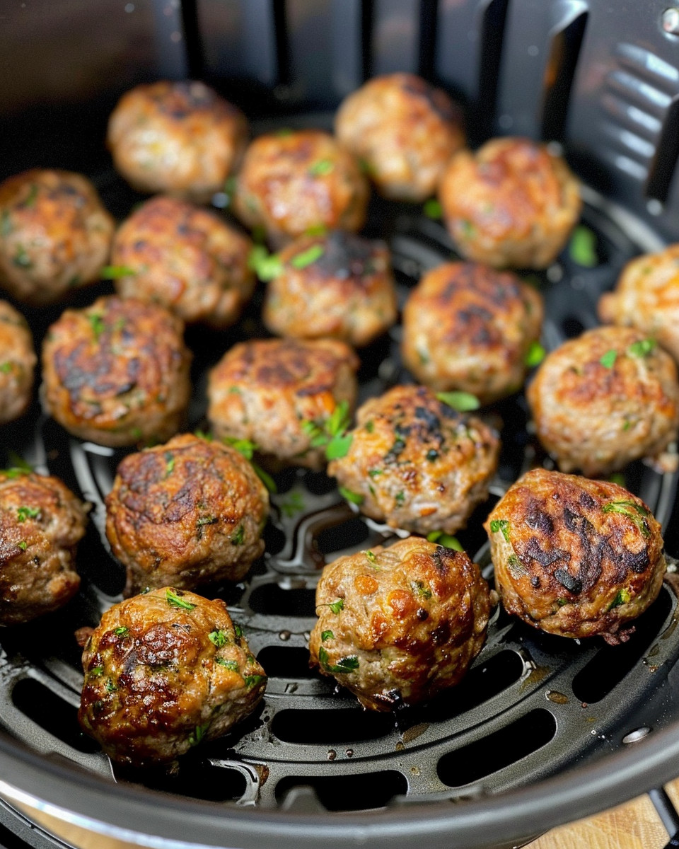 Air fryer turkey meatballs cooking with steam rising