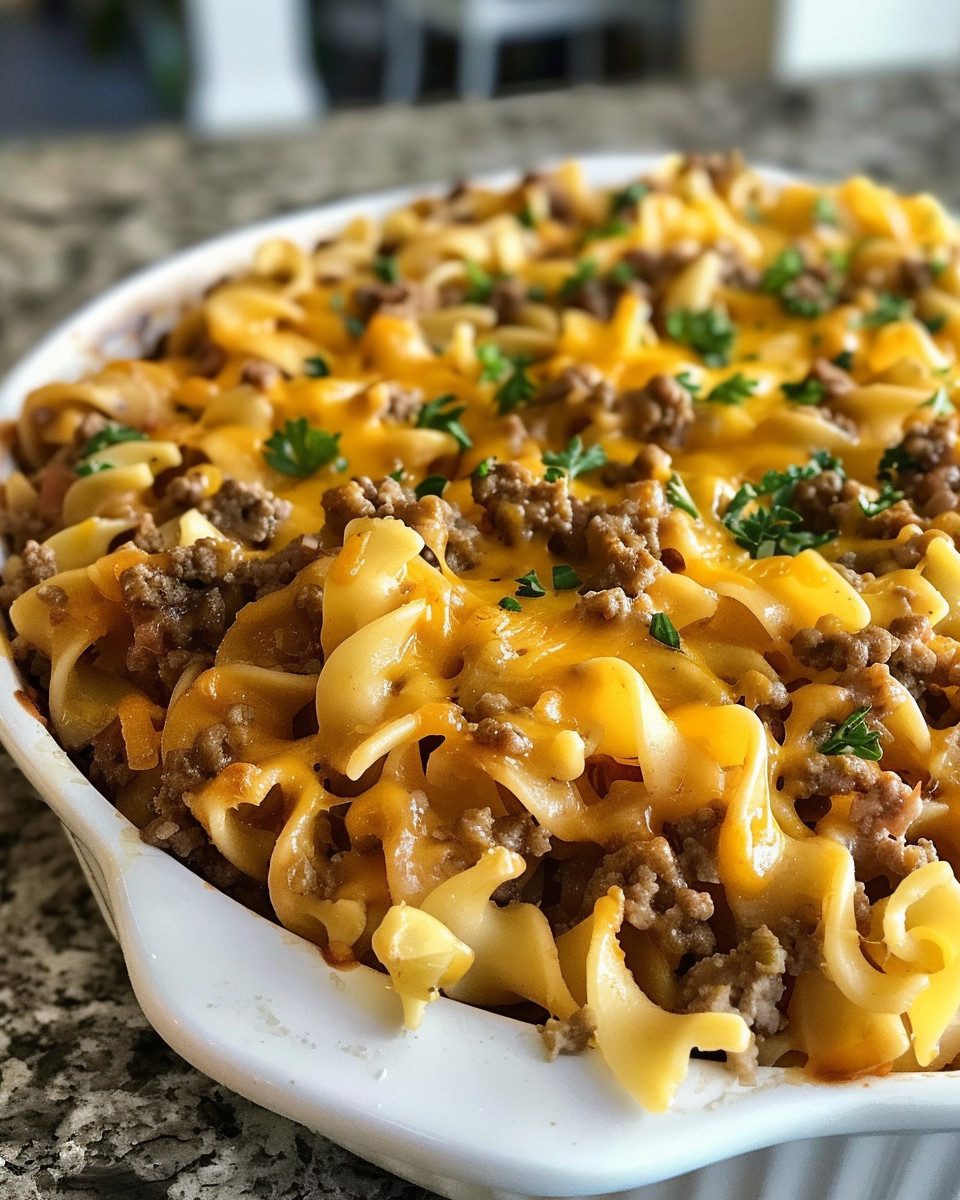 Serving of Amish country casserole on white plate ready to eat