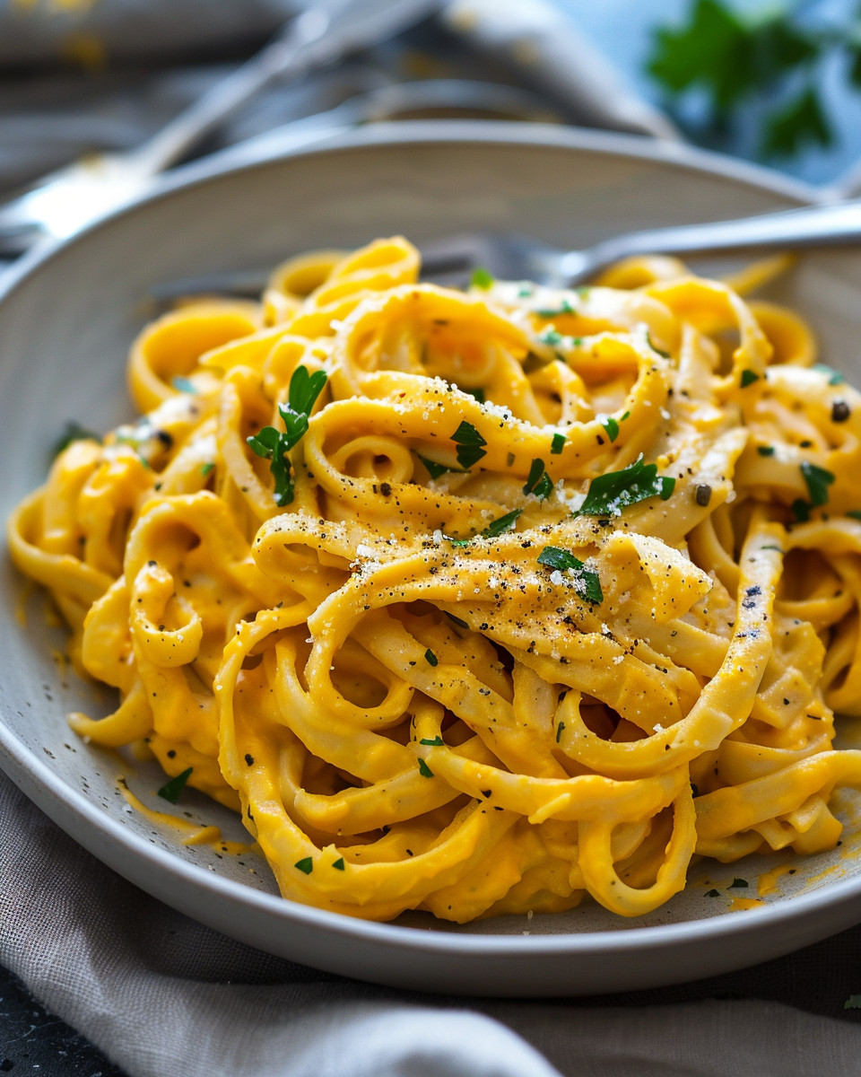 Close-up of ingredients including garlic, butternut squash, prosciutto for pasta