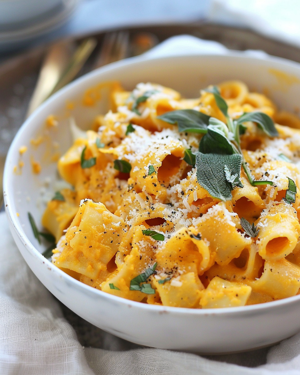 Plated butternut squash pasta ready to enjoy with herbs and cheese garnish
