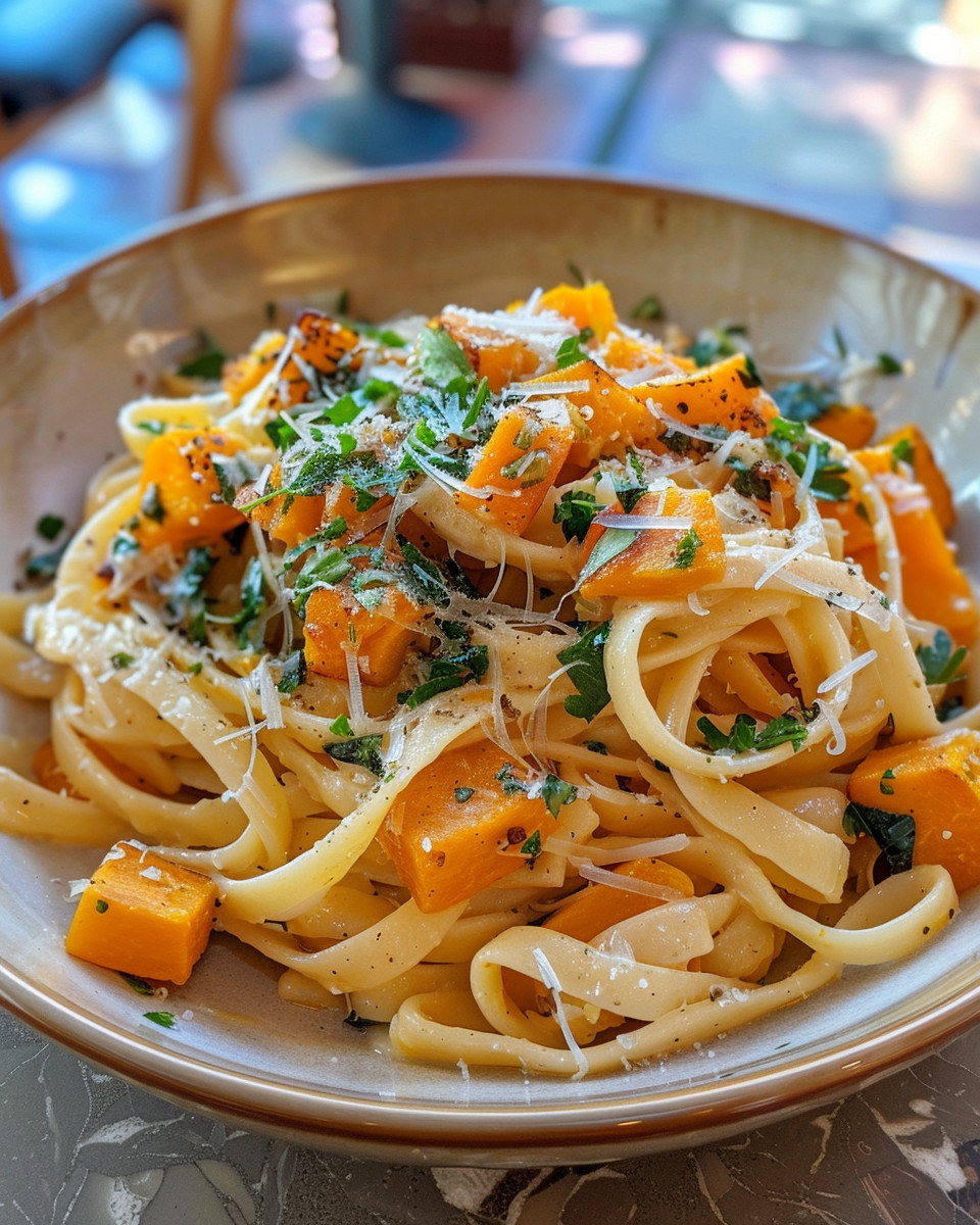 Butternut squash pasta dish showing creamy sauce and roasted ingredients