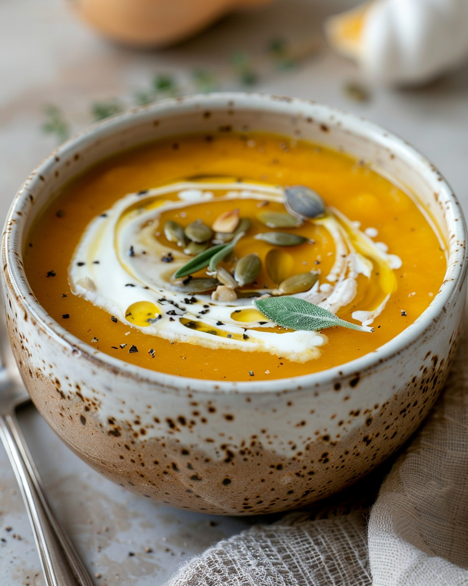 Close-up details of butternut squash, onion, and fresh herbs before cooking