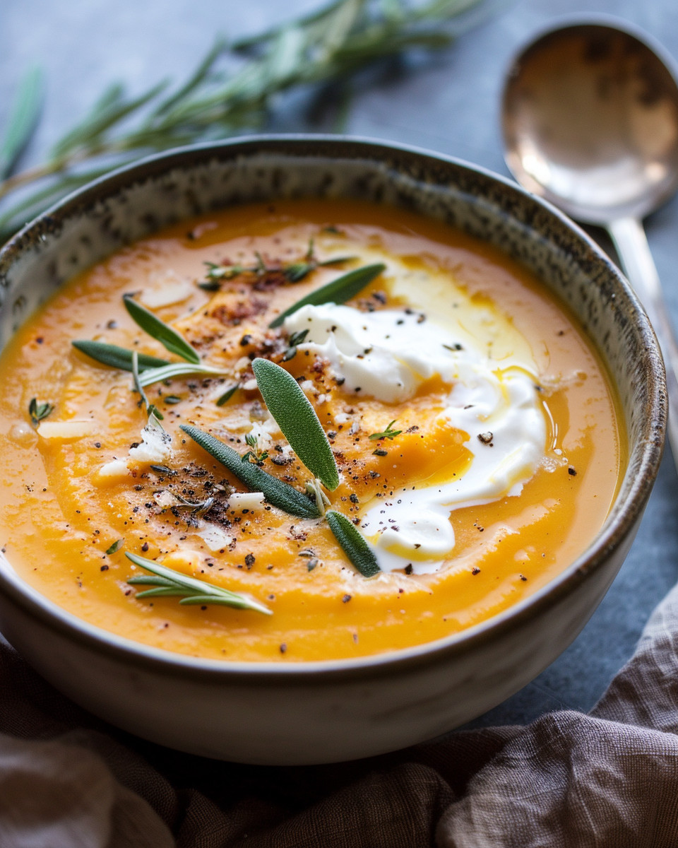 Creamy butternut squash soup served with crusty bread close up on bowl
