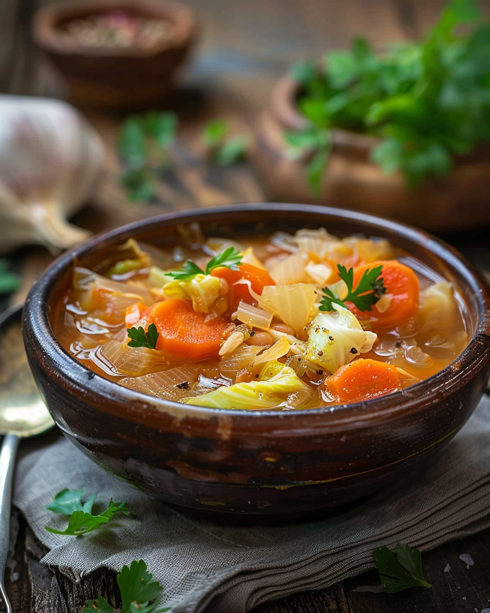 Close-up of ingredients including cabbage, beans, and tomatoes for soup