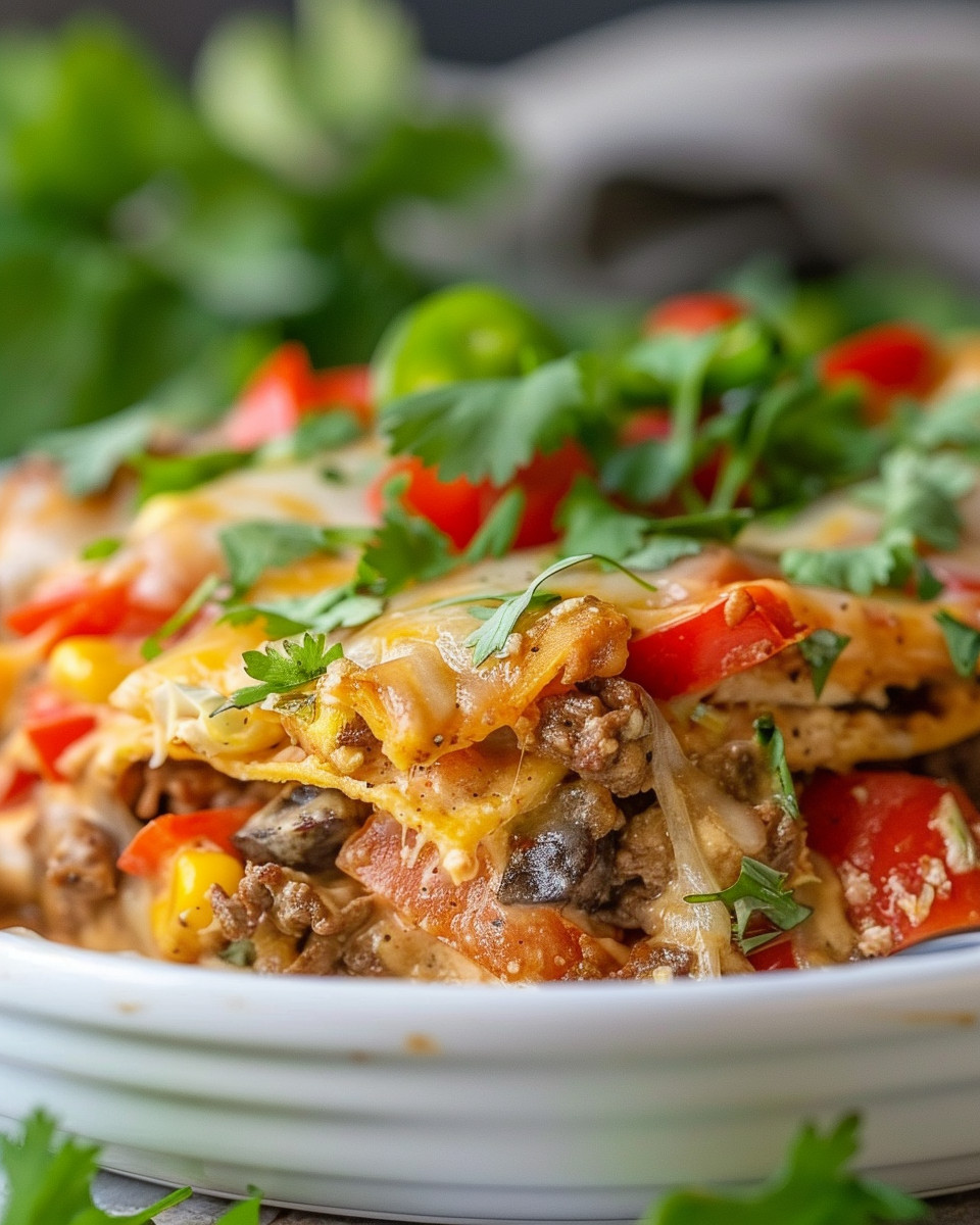 Close-up of seasoned beef and vegetables for cheesy beef fajita casserole