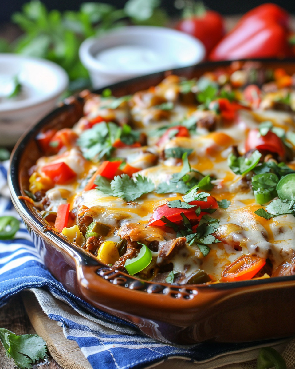 Serving of cheesy beef fajita casserole with golden bubbly cheese and fresh cilantro