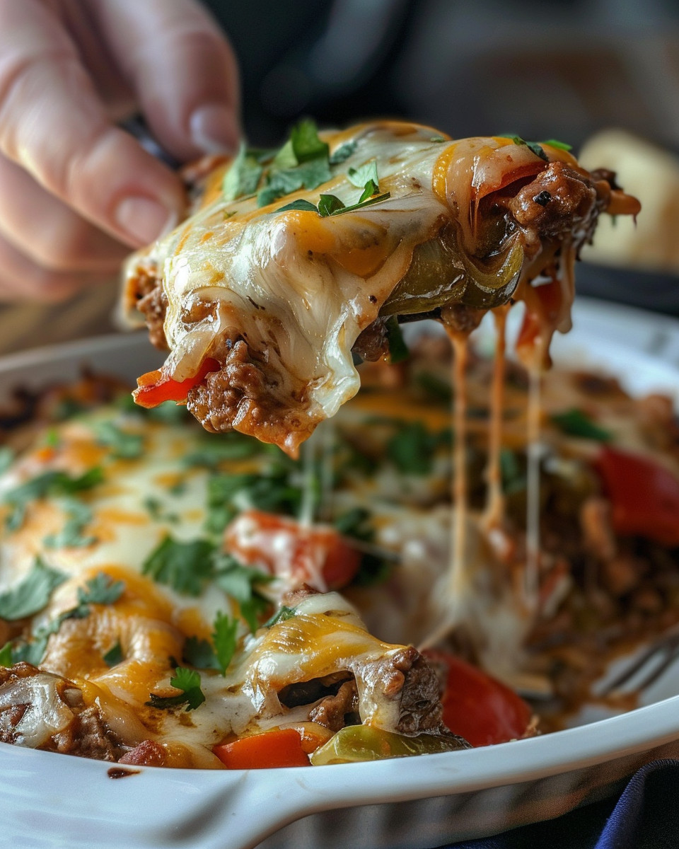 Cheesy beef fajita casserole fresh from the oven with bubbling cheese on top