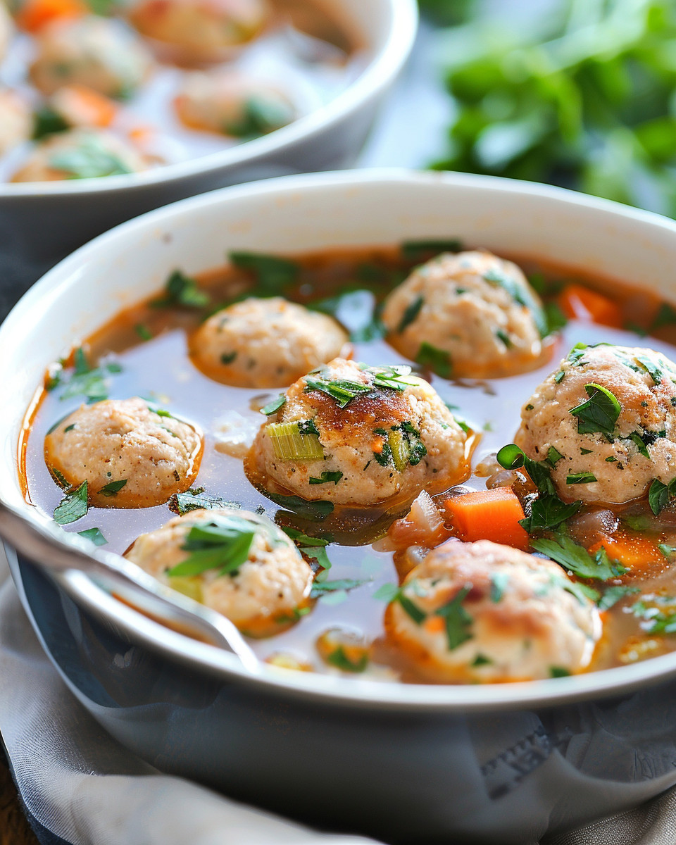 Close up on chicken meatball soup ingredients and mini meatballs