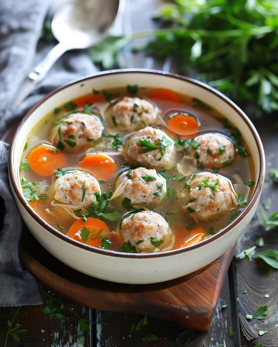 Bowl of creamy chicken meatball soup with peas and mint garnish