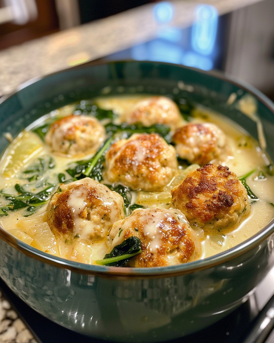 Pressure cooker chicken meatball soup in pot with steam and float valve