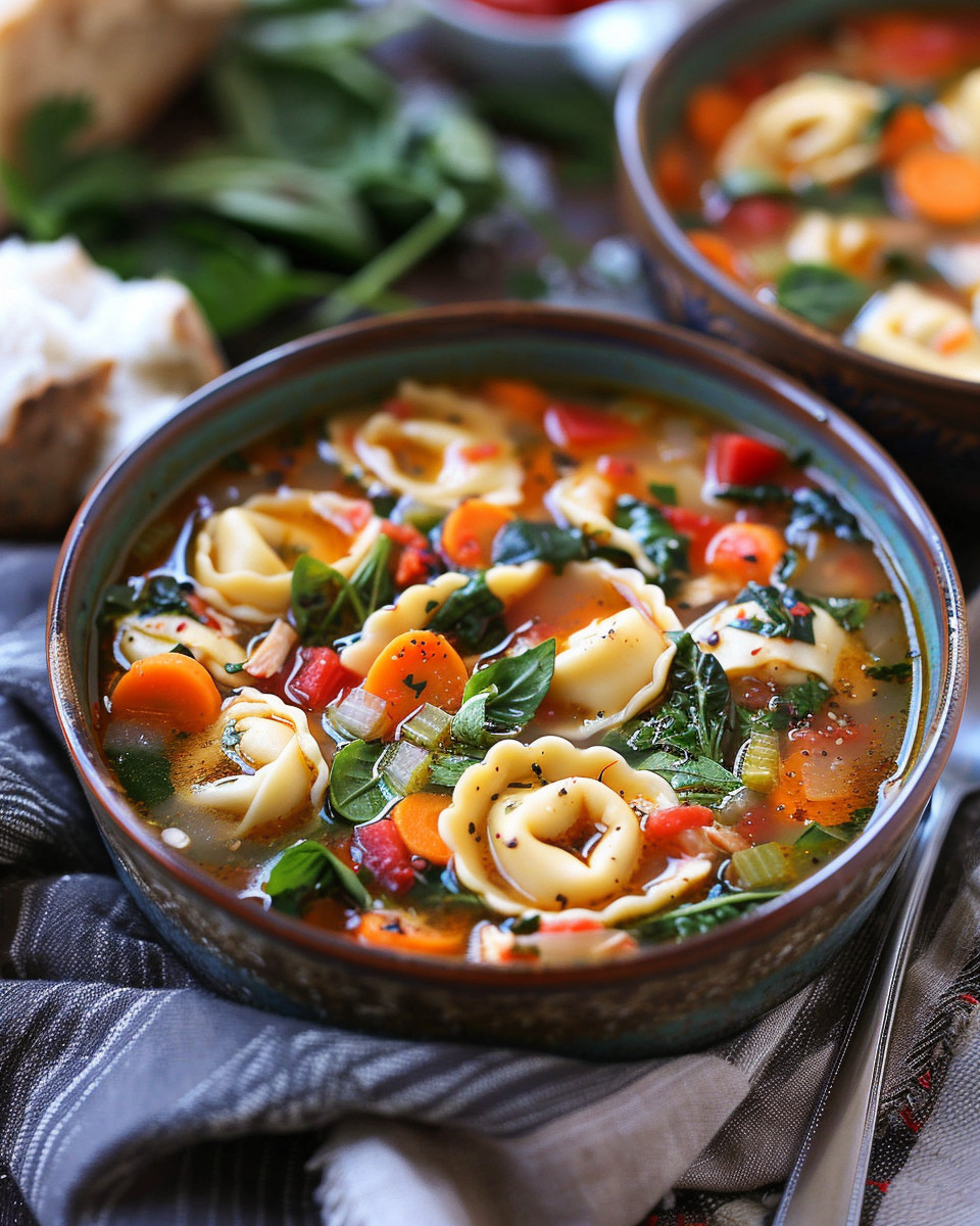 Ready to serve bowl of cheesy chicken tortellini soup