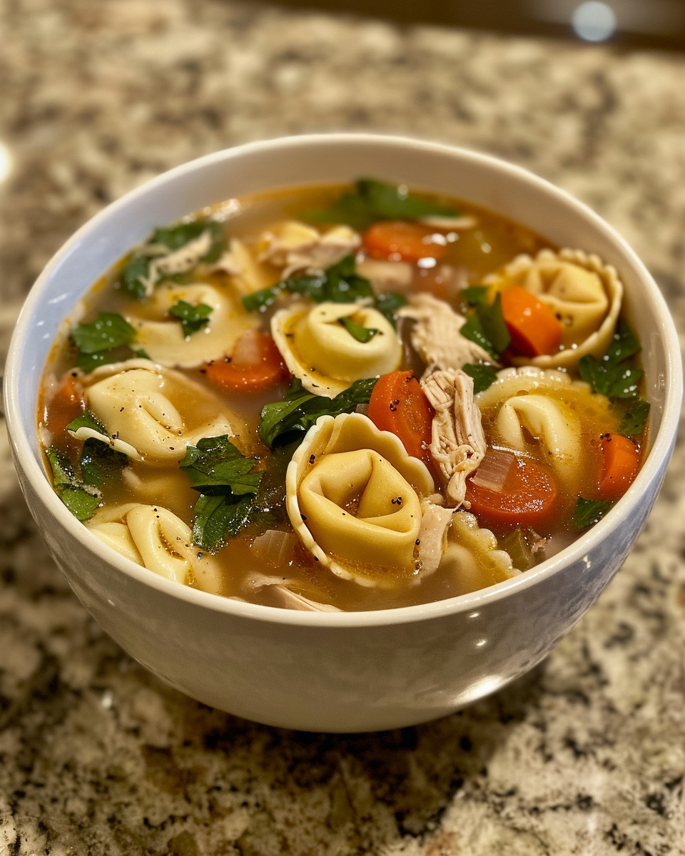 Bowl of hot chicken tortellini soup steaming fresh from the pot