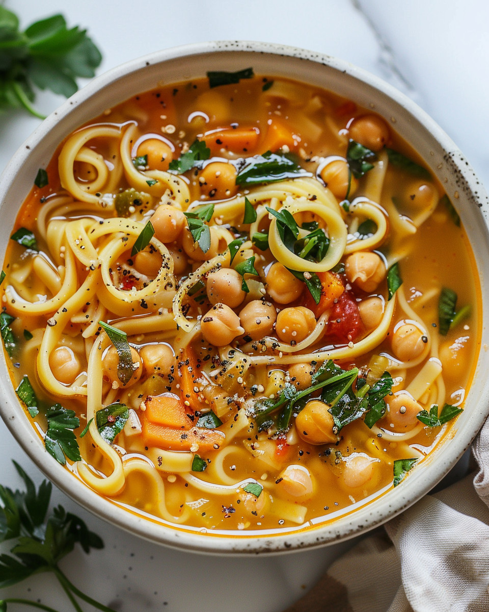 Close-up of fresh ingredients for chickpea noodle soup including turmeric and fresh parsley