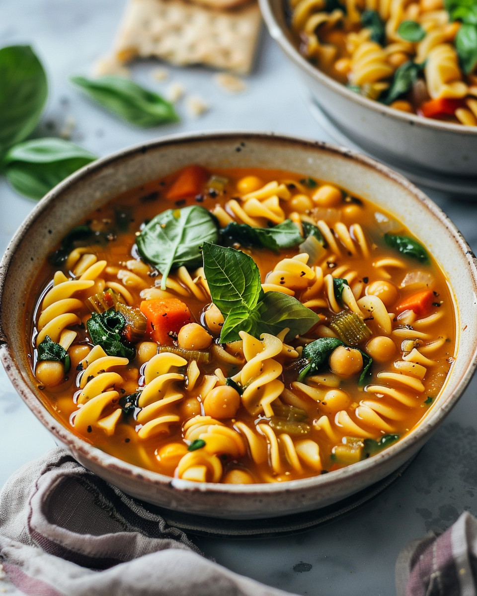 Bowl of chickpea noodle soup finished with fresh parsley served ready to eat
