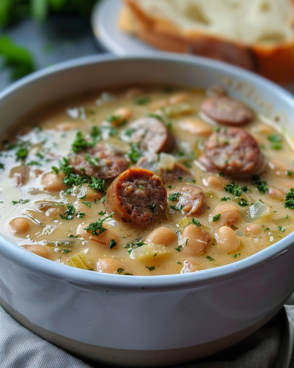 Creamy bean soup with kielbasa in a bowl with steam