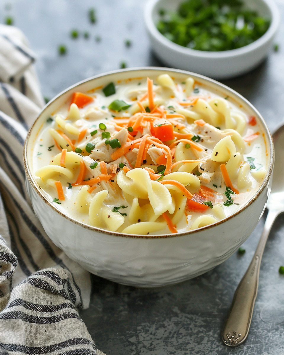 Final creamy buffalo chicken noodle soup served in bowl with garnishes