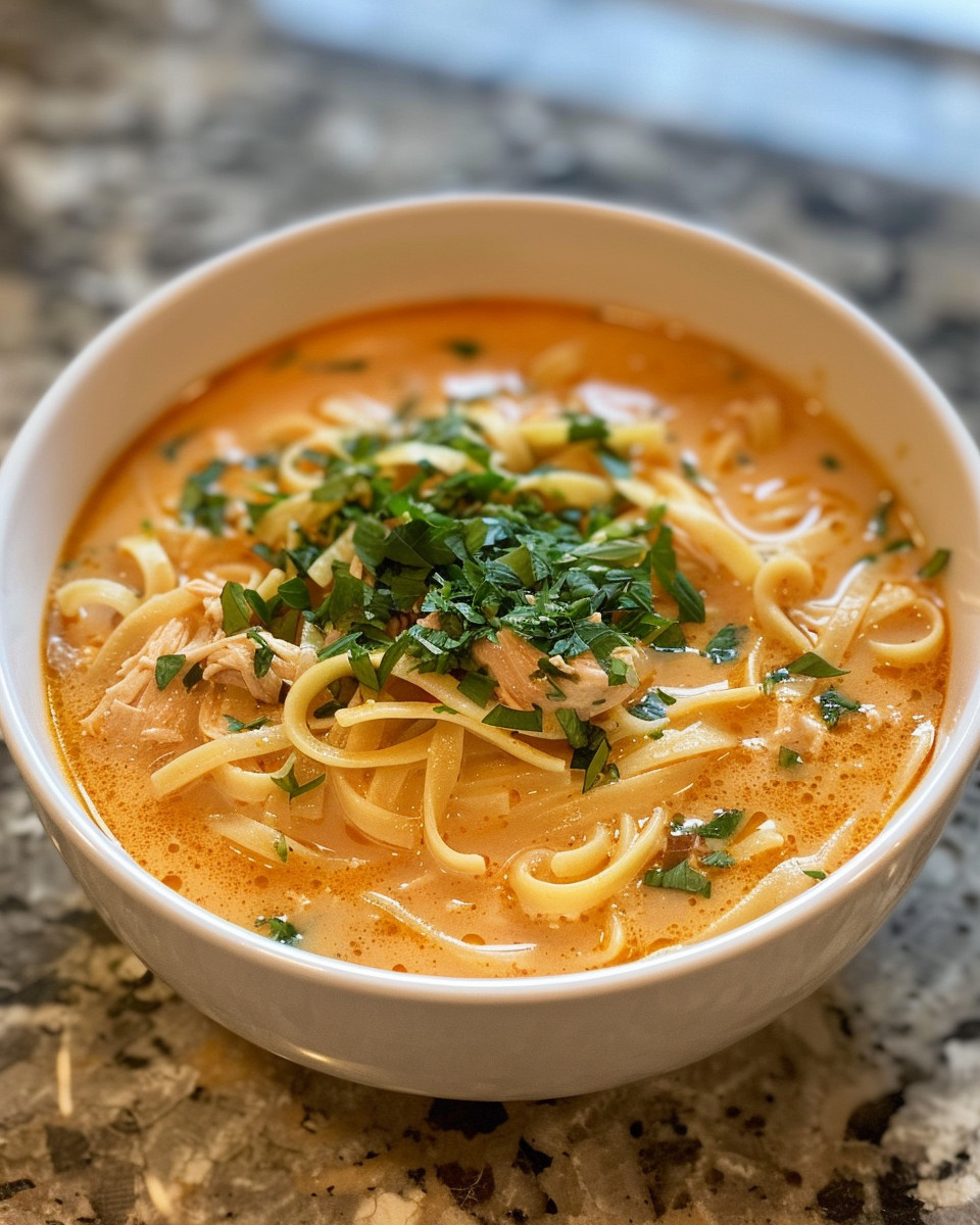 Steaming bowl of creamy buffalo chicken noodle soup ready to enjoy