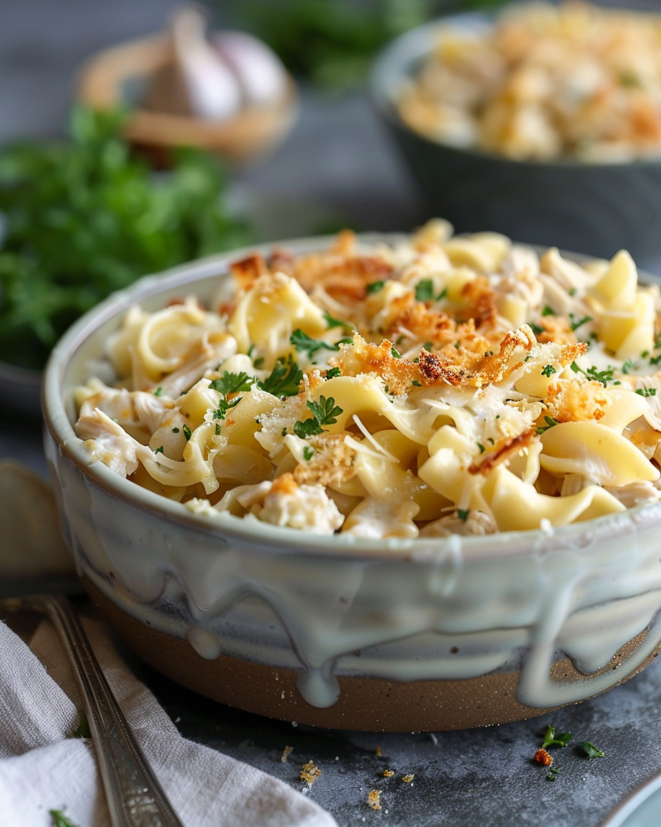 Served portion of creamy chicken noodle casserole on plate with fork
