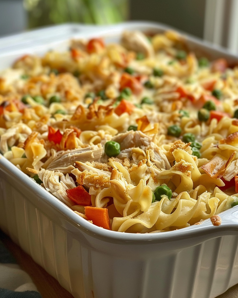 Creamy chicken noodle casserole fresh from the pressure cooker with golden crust