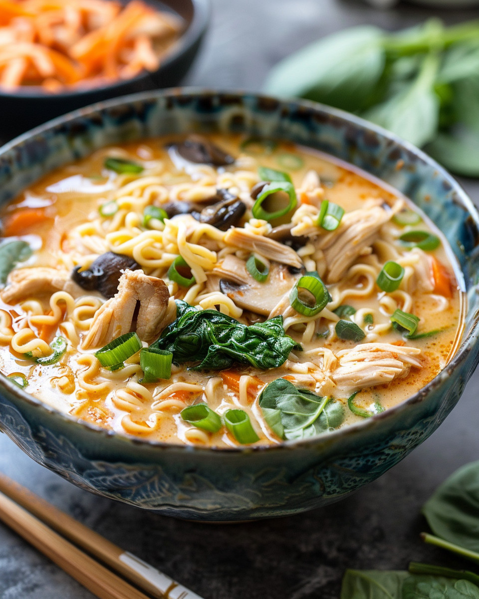 Bowl of creamy chicken ramen soup garnished with cilantro and lime
