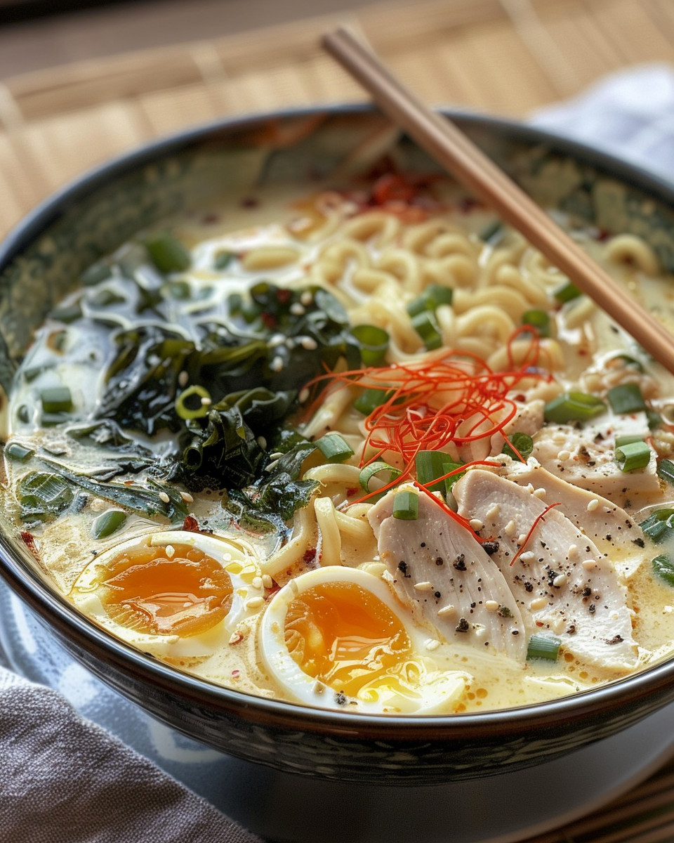 Steaming bowl of creamy chicken ramen soup fresh from pressure cooker