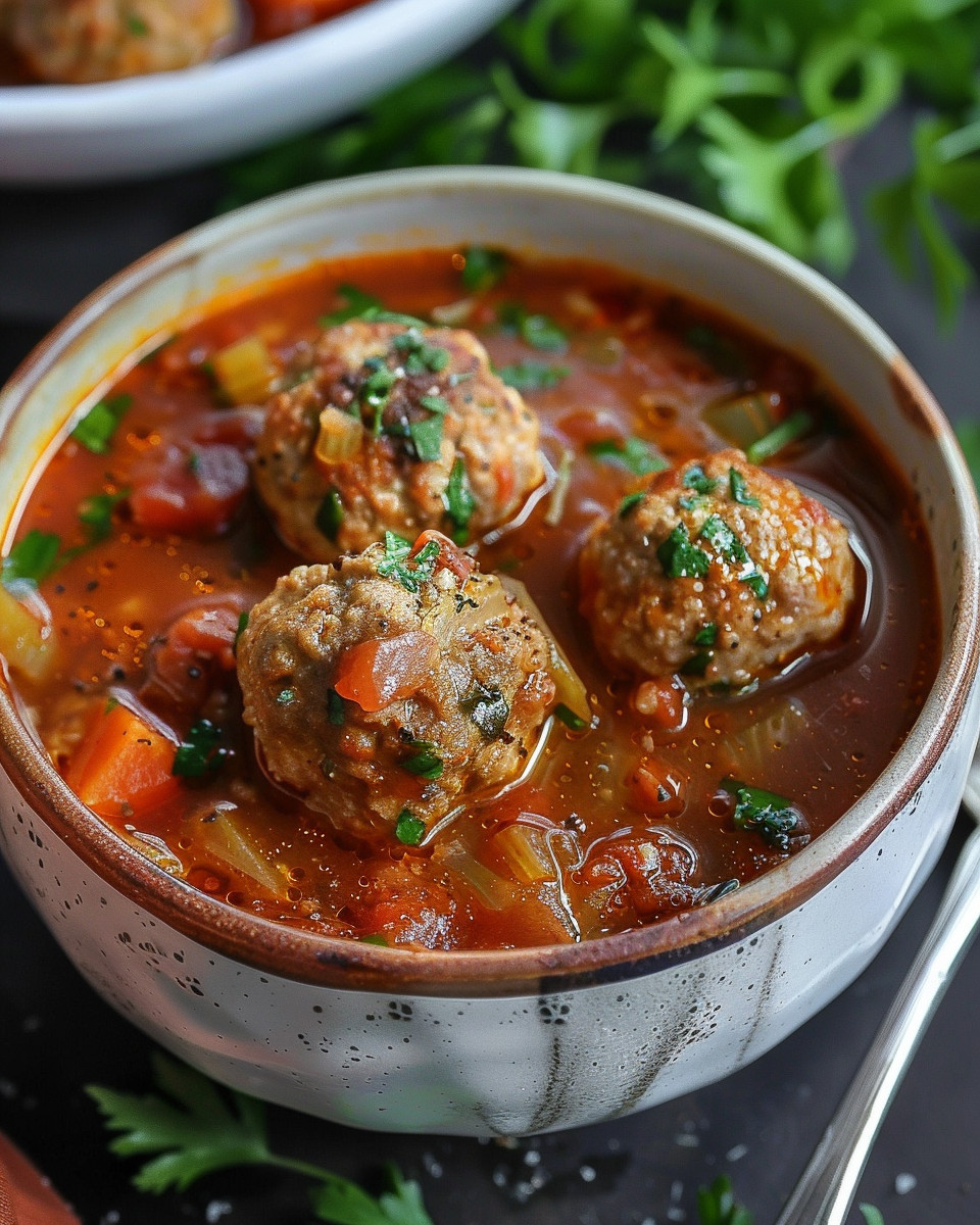 Close-up of ingredients and textures in slow cooker Italian meatball soup