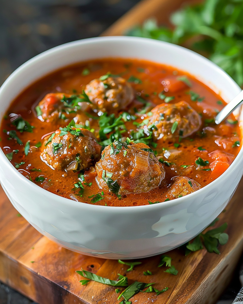 Bowl of slow cooker Italian meatball soup with fresh spinach and Parmesan cheese