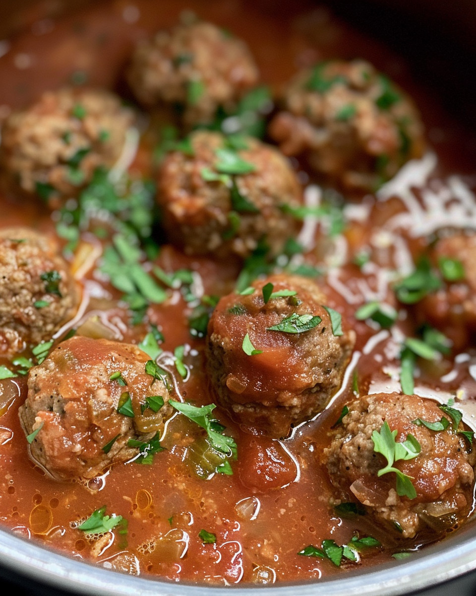 Slow cooker releasing steam with Italian meatball soup aroma in kitchen