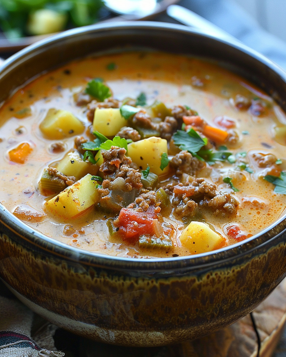Ingredients and details for bacon cheeseburger soup including ground beef, cheese, and veggies