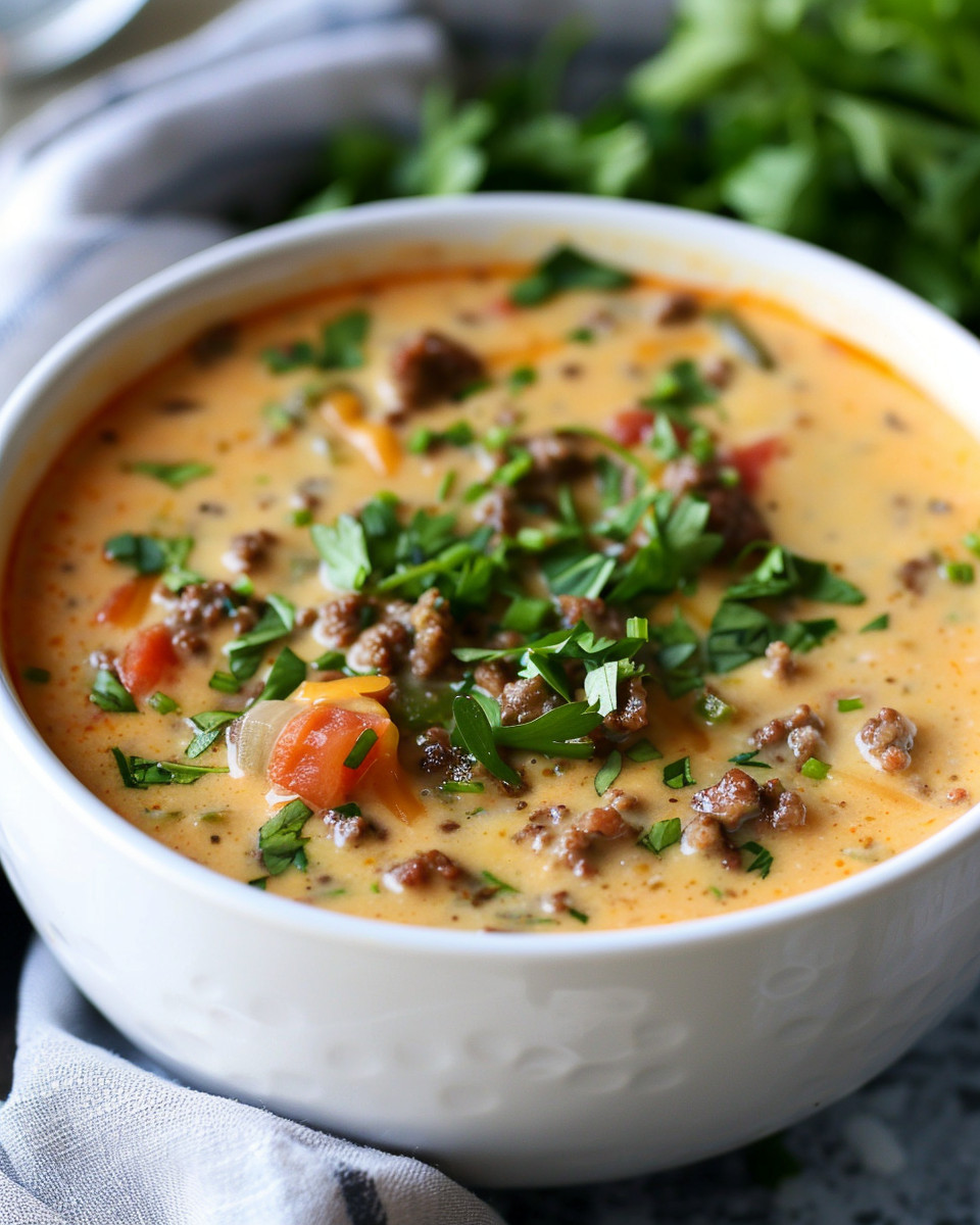 Serving of hearty bacon cheeseburger soup in a bowl, ready to enjoy