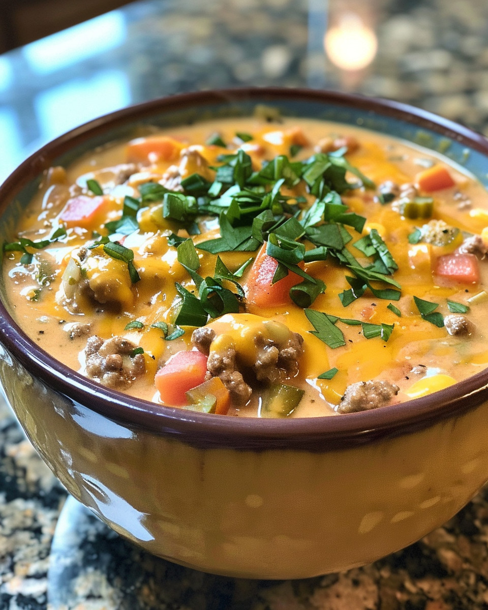Close-up view of bacon cheeseburger soup simmering in the pressure cooker