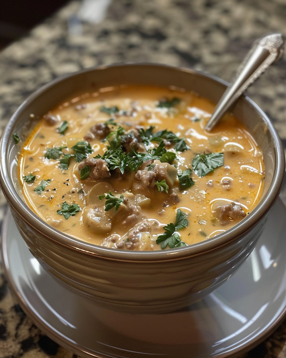 Creamy slow cooker cheeseburger soup in a bowl with steam rising
