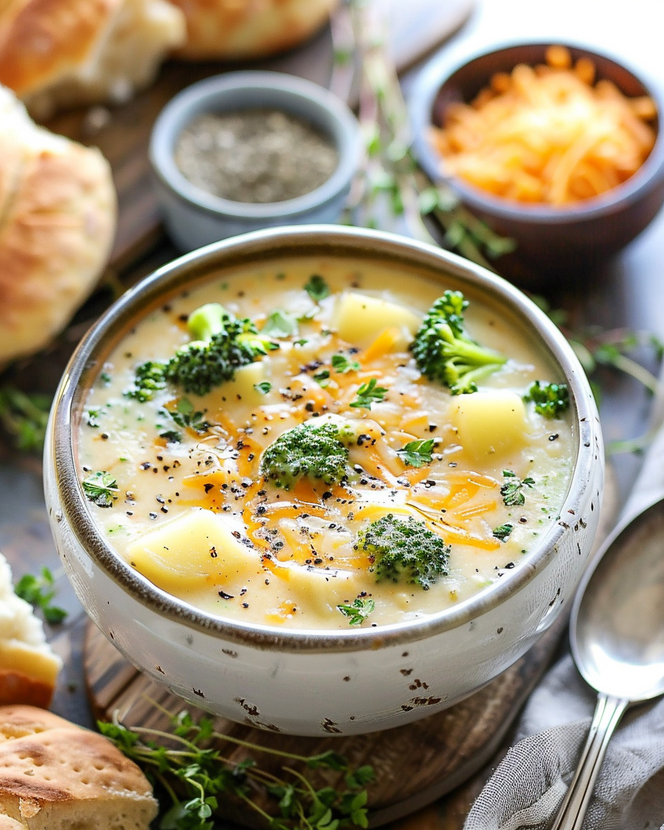 Bowl of creamy potato broccoli cheddar soup ready to eat