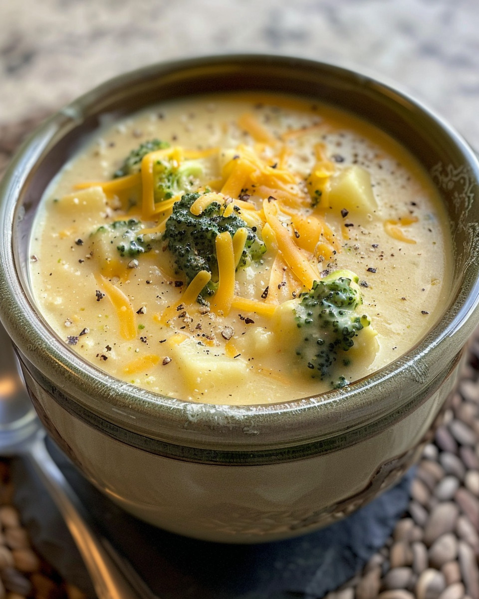 Slow cooker with potato broccoli cheddar soup simmering