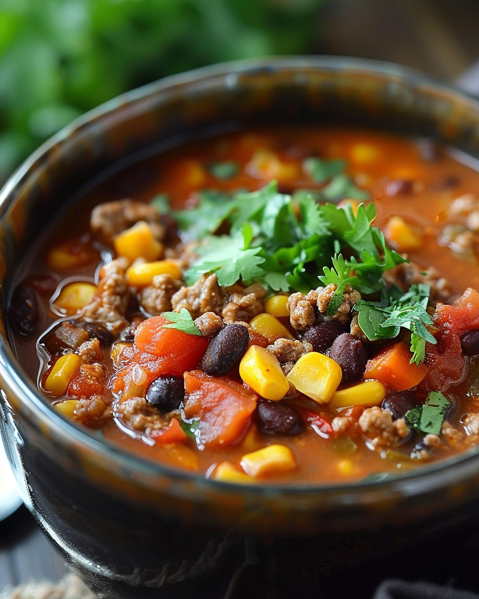 Ingredients for taco soup in a bowl including beans, corn, tomatoes
