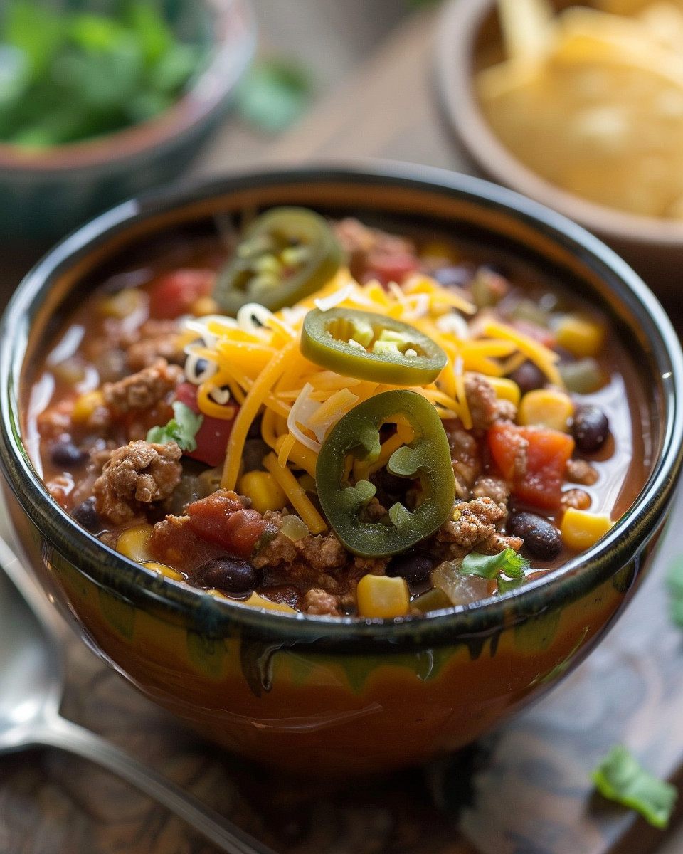 Bowl of finished taco soup with cheese and green onion toppings
