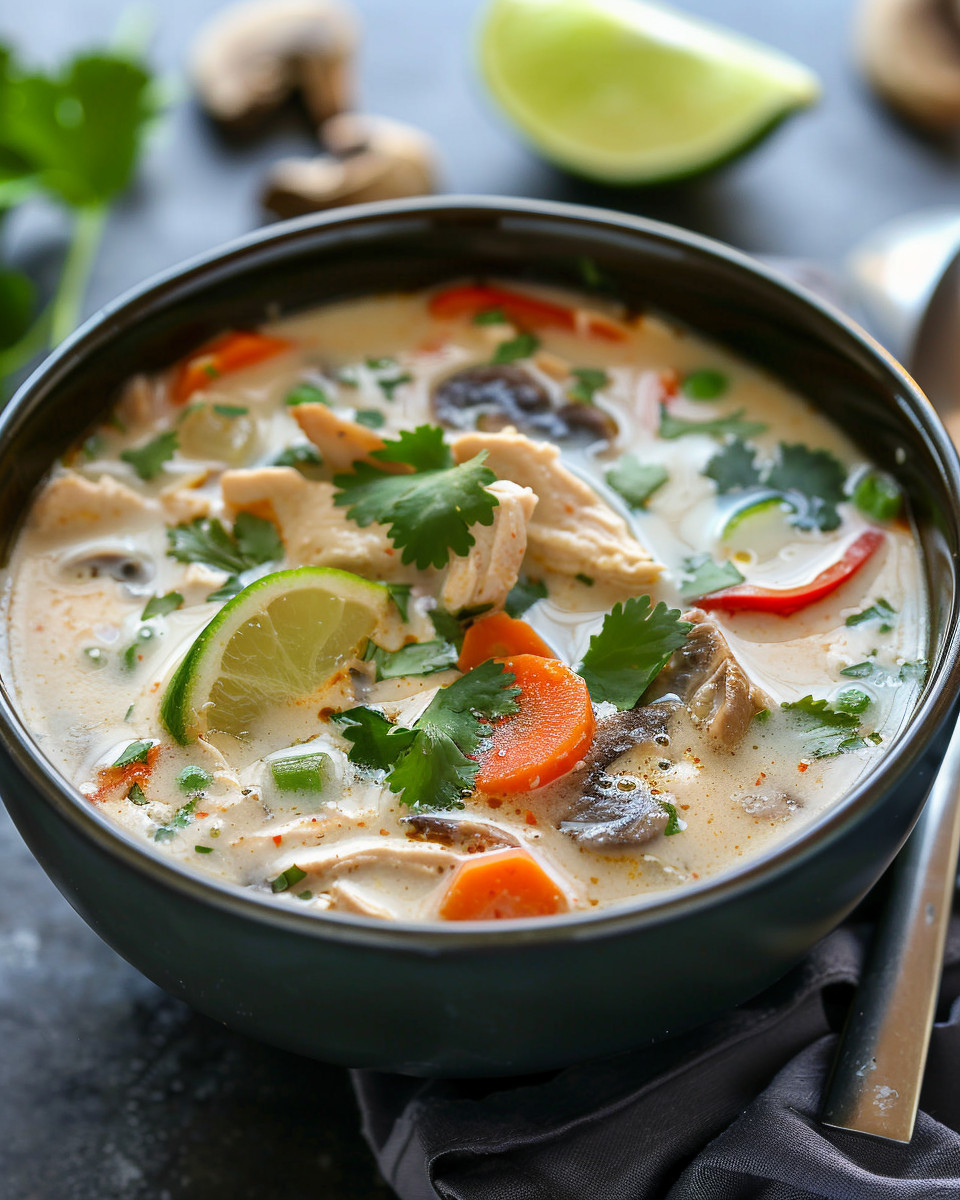 Close-up of fresh ingredients for Thai coconut chicken soup including galangal and lemongrass