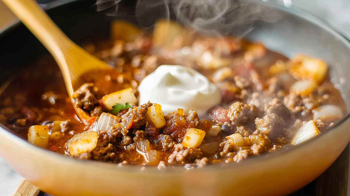 Browning ground beef and onions for Hearty Crockpot Lentil Soup  Youll Love