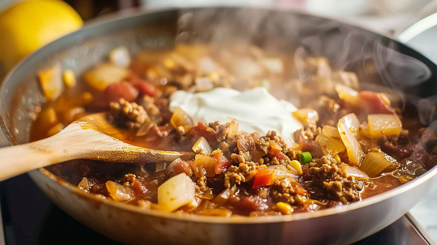 Browning ground beef and onions for Hearty Crockpot Lentil Soup for Cozy Comfort