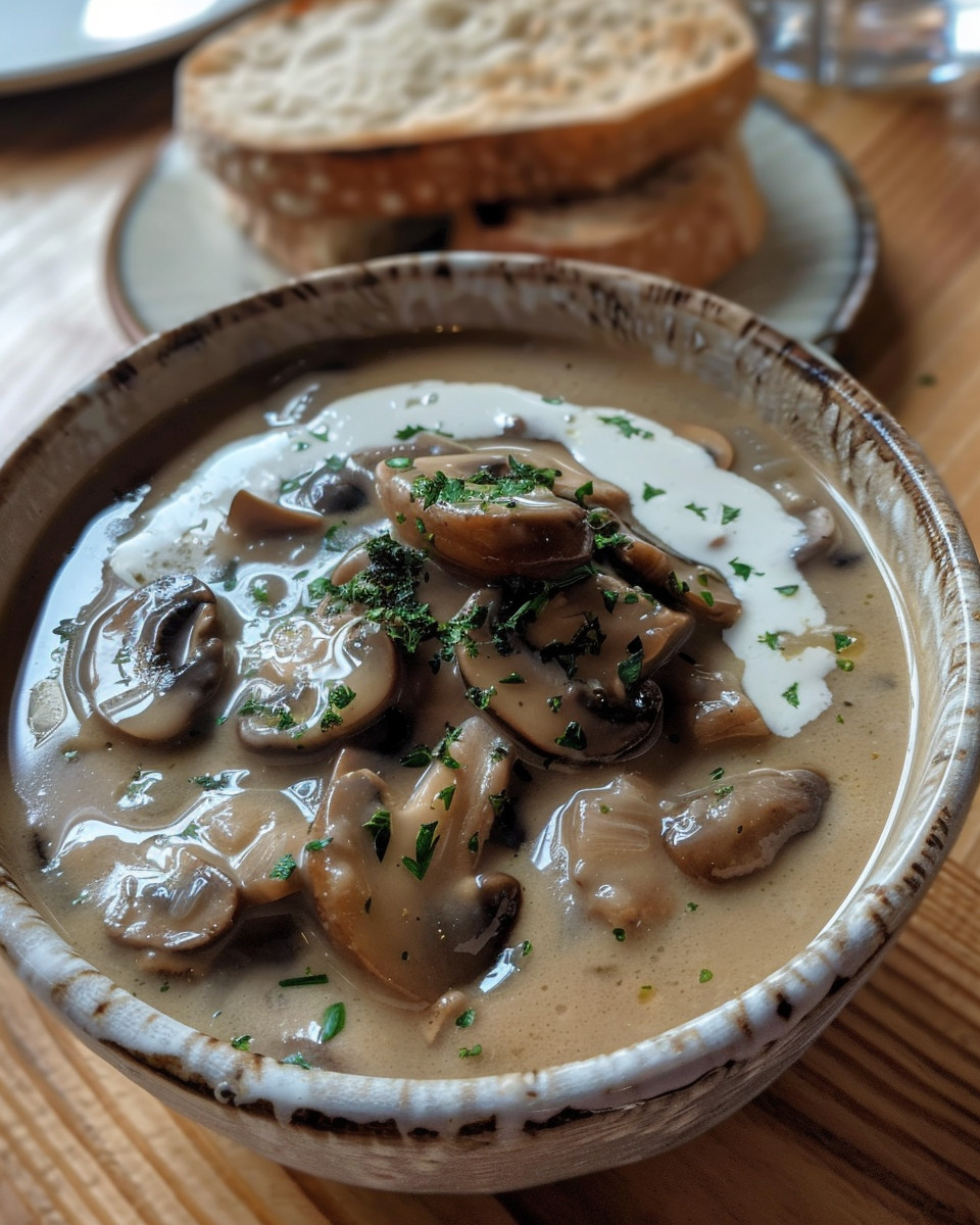 Steaming pot of Hungarian mushroom soup with paprika swirls and sautéed mushrooms