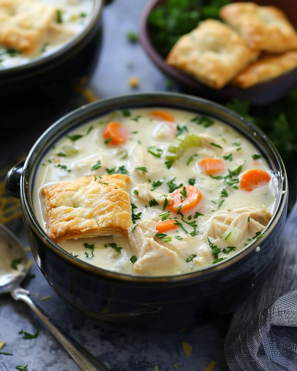 Creamy chicken pot pie soup served hot in bowl with herbs