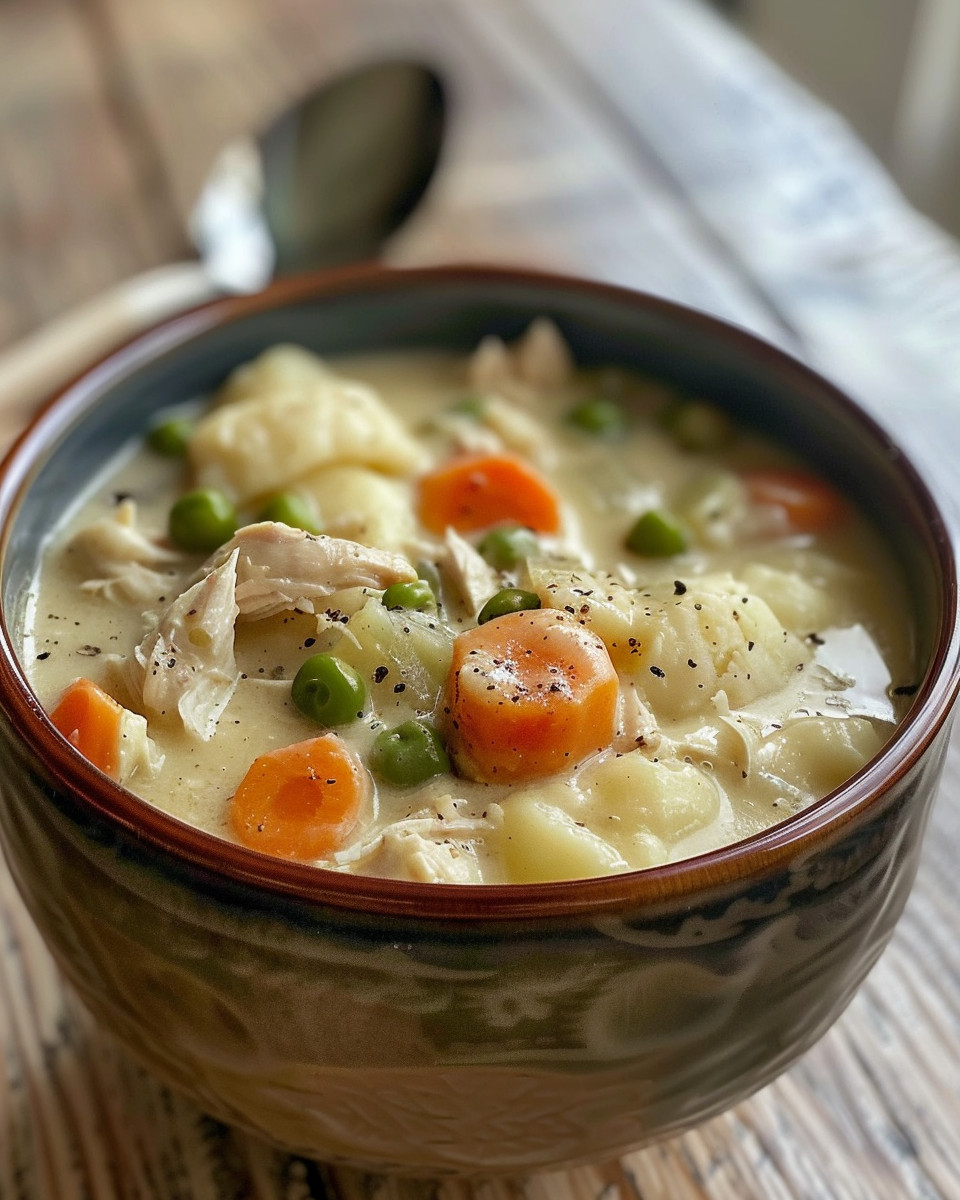 Close up of a warm bowl of Instant Pot Chicken Pot Pie Soup freshly served