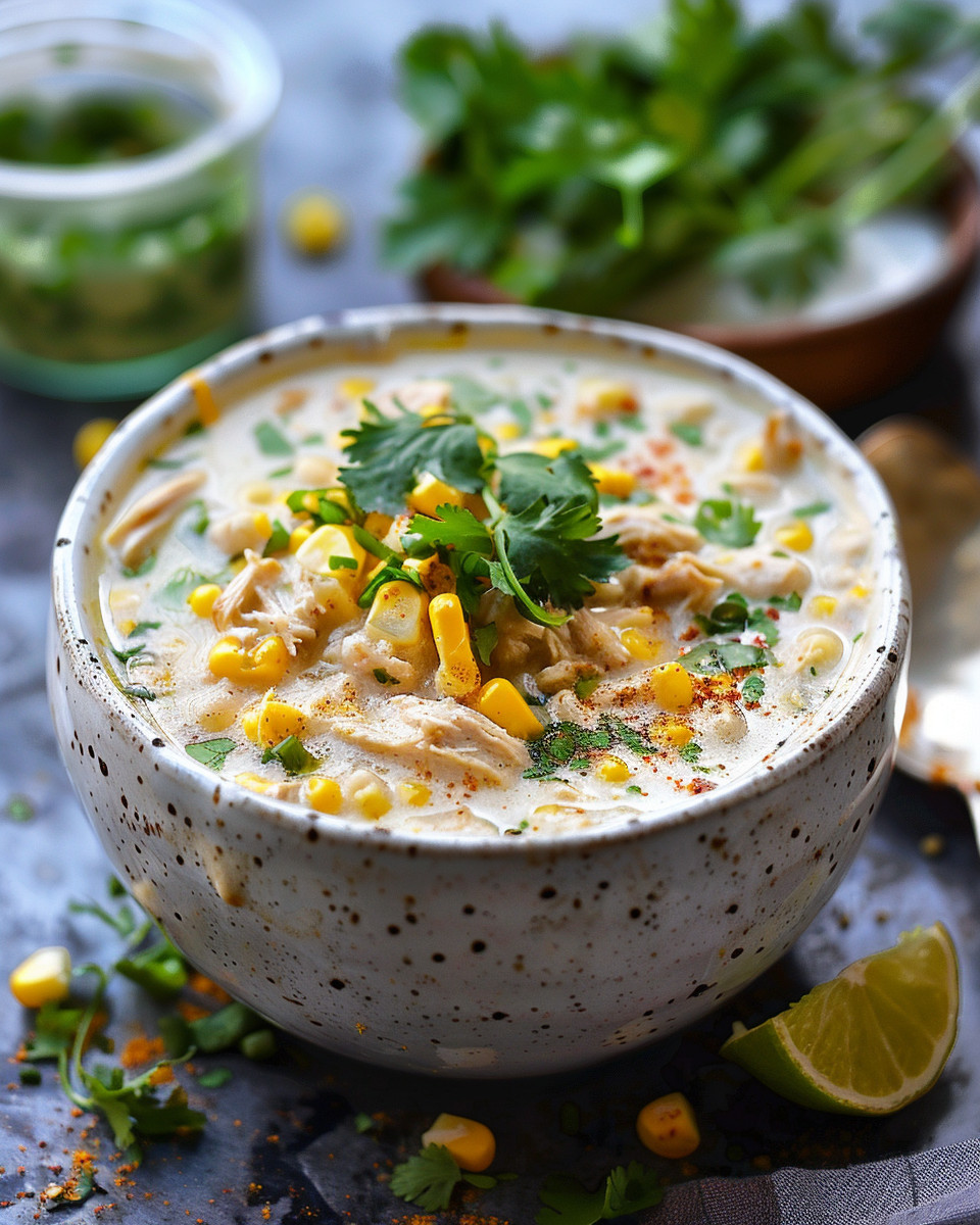 Final creamy white chicken chili simmering in the pot with toppings