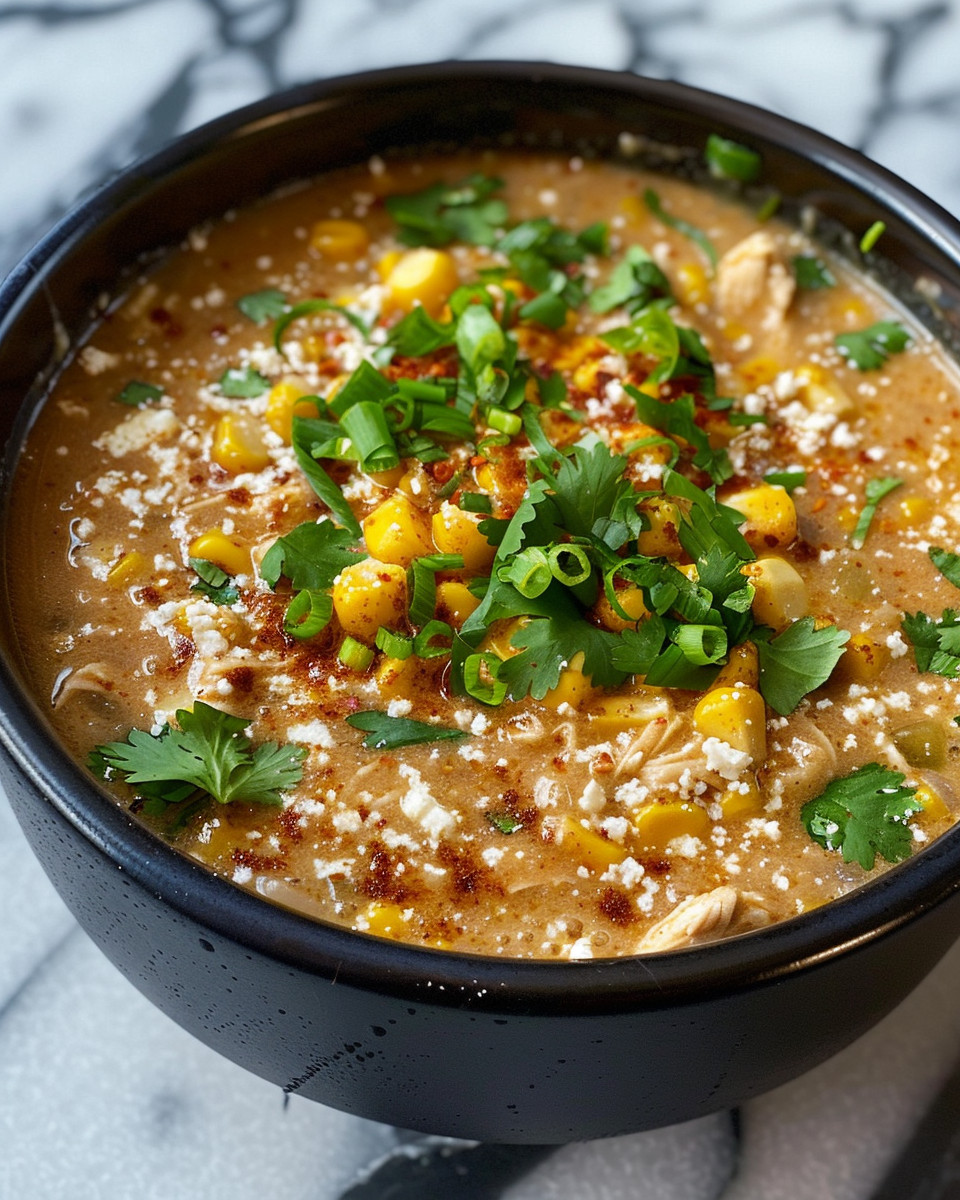 Close-up of Mexican street corn white chicken chili in a bowl