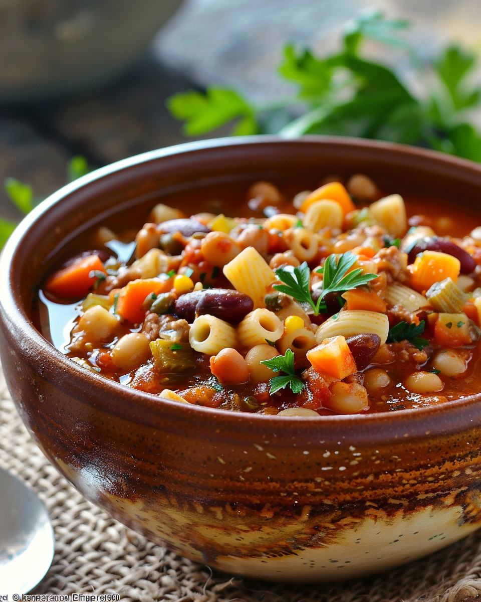 Close up of ingredients including beans, herbs, and pasta for pasta fagioli soup