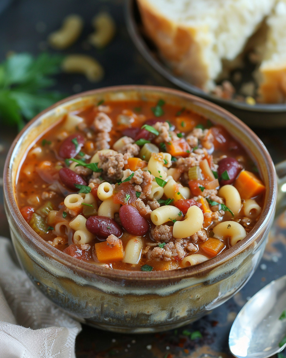 Bowl of finished pasta fagioli soup garnished with parsley and cheese