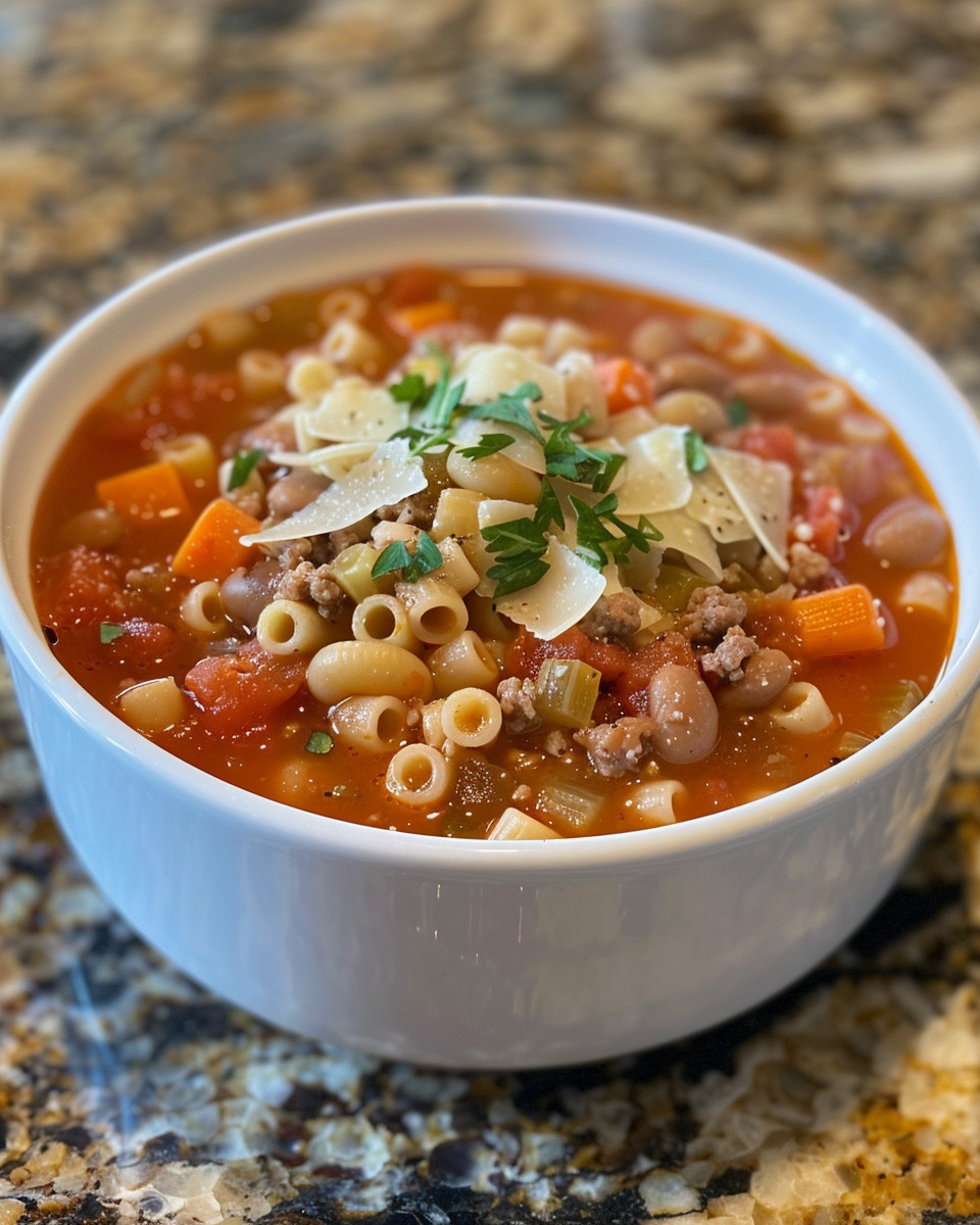 Pressure cooker simmering pasta fagioli soup with ground beef and vegetables