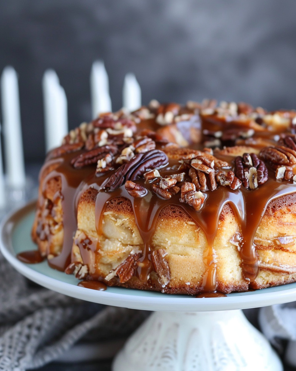 Finished pecan caramel cinnamon roll pound cake with glaze on top