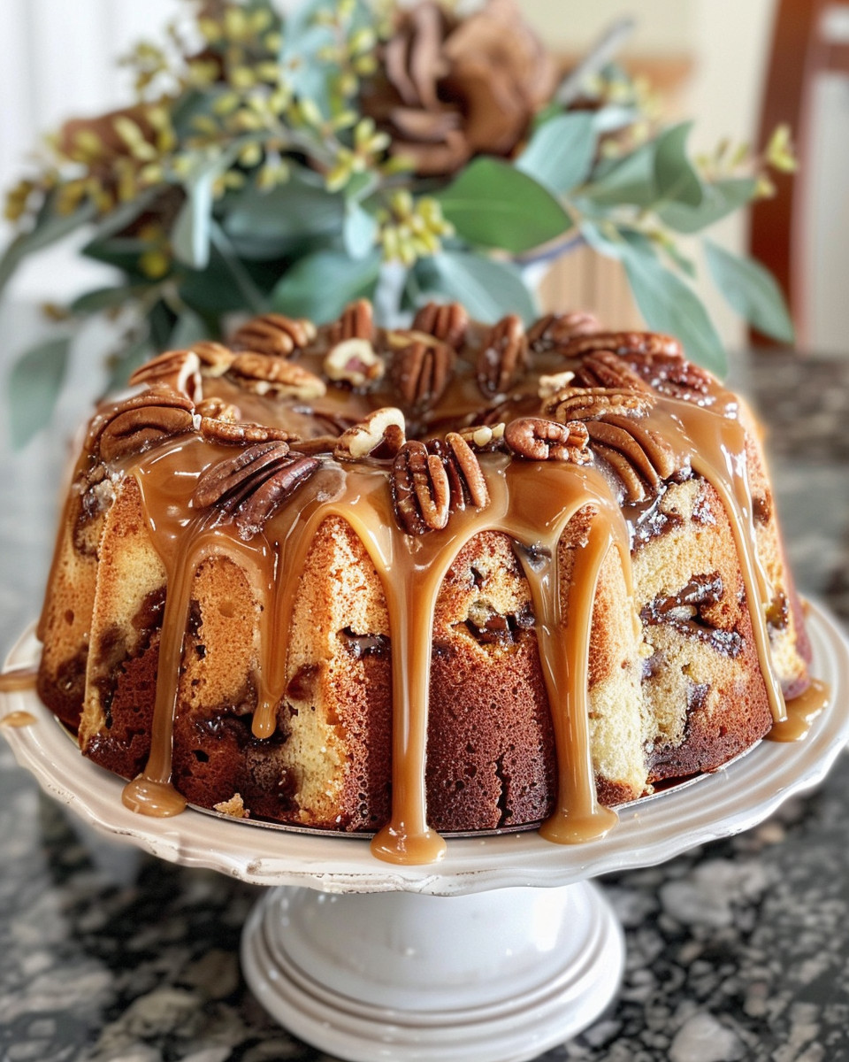 Closeup of pecan caramel cinnamon roll pound cake freshly baked