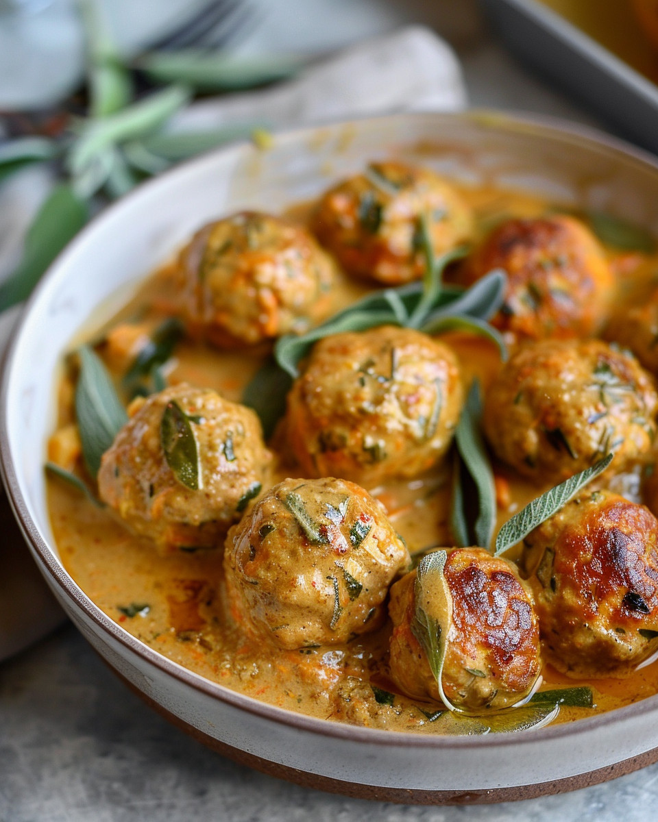 Plated turkey meatballs in pumpkin sage cream sauce garnished with fresh herbs